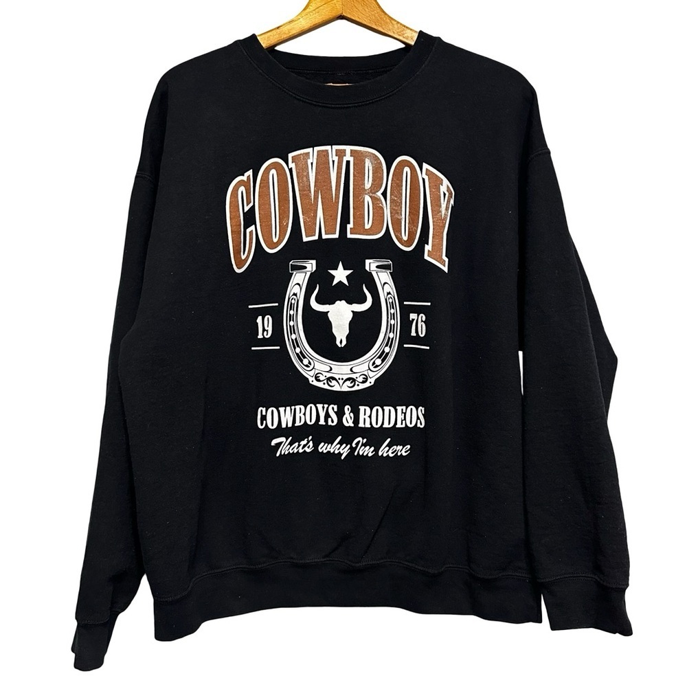 Cowboy Western Graphic Sweatshirt Black Rodeo Crewneck Vintage Style Size XL